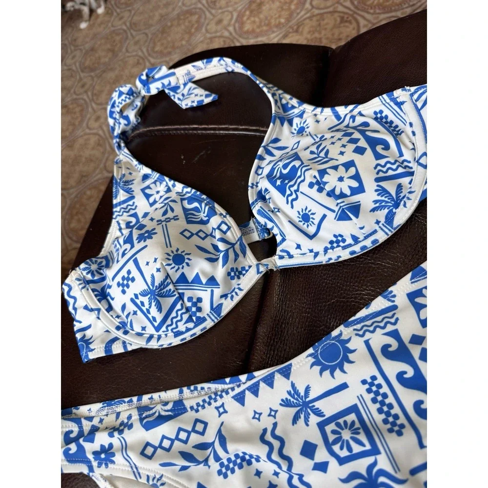 No Boundaries Greece L Blue Sea White Resort 2 Pieces Bikini Set Women's Large L
